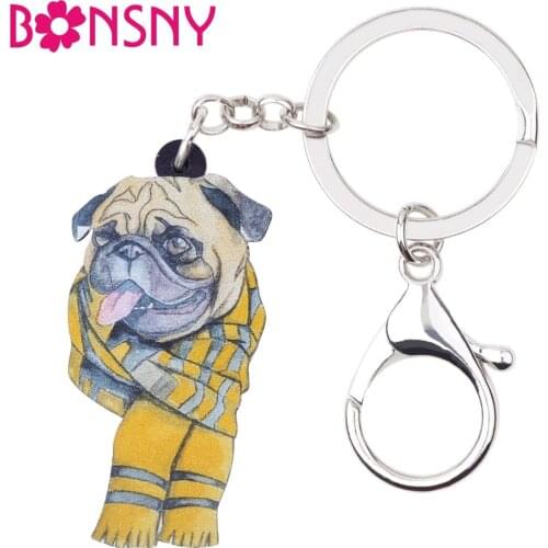 Bonsny Acrylic Cartoon Scarf French Bulldog Pug Dog Key Chains Keychain Animal Jewelry For Women Girl Ladies Handbag Car Charms