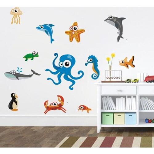 DIY Marine Animal Kids Room Decoration Wall Sticker Cartoon Fish Bathroom Wall Decals Mural Picture for Baby Bedroom Wall Art
