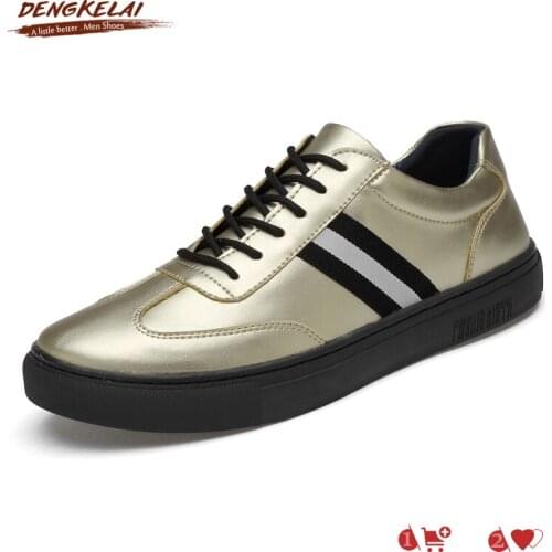 DENGKELAI Men Sneakers Shinning Gold Split Leather Shoes High Quality Rubber Sole Durable Male Causual Shoes