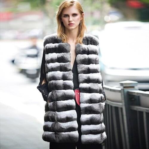 FURSARCAR Long Fur Vest Winter Natural Rex Rabbit Fur Coat Waistcoat Fur Sleeveless Gilet Fluffy Soft Chinchilla Warm Outerwear