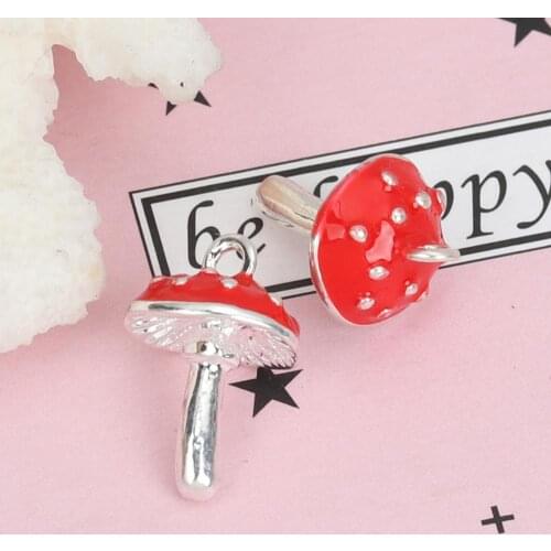 DoreenBeads Fashion Women Pendants Trendy Jewelry Zinc Based Alloy 3D Charms Mushroom Silver Color Red Enamel 17mm x 11mm, 5 PCs
