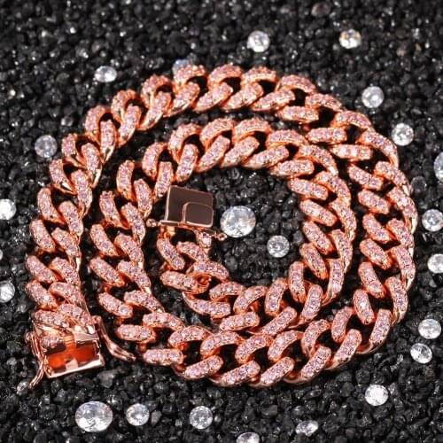 New Hip Hop Jewelry for Gift Fashion Charm 12mm Rose Gold Pink Cuban Chain Prong Iced Luxury Necklace Bling Full Iced Out Men