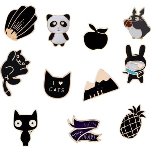 Kawaii Cartoon Animal Brooch Panda Cat Bear Enamel Pins Creative Black Apple Women Jackets Lapel Pin Corsage Child Jewelry Gifts