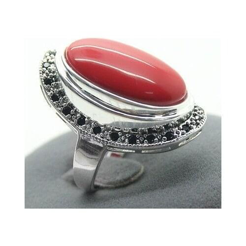 Wholesale good 17X30mm Red Coral 925 Sterling Silver Marcasite Ring Size 7/8/9/10# Genuine men silver Jewelry Free shipping