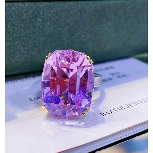 LR Kunzite Ring Fine Jewelry Solid 18K Gold Nature Clean 30ct Kunzite Gemstone Diamond Female Rings for women Fine Ring
