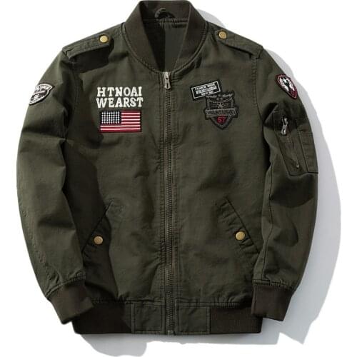 Military Style Mens Bomber Jackets Men Autumn Casual Solid Zipper Pilot Jacket New Stand Collar Male Embroidery Slim Coat Black