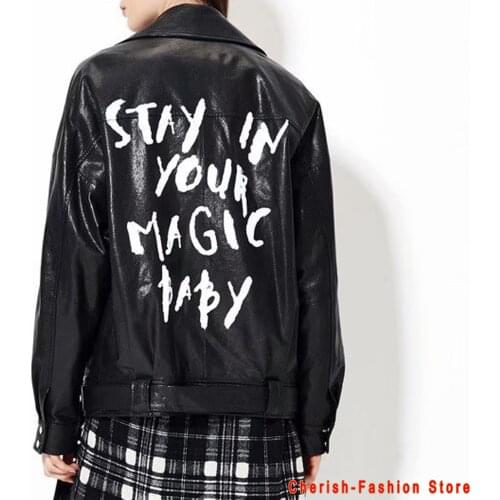 Women Letter Print Faux Soft Leather Jacket Coat Turn-down Collar Casual Pu Motorcycle Black Punk Loose Outerwear With Belt