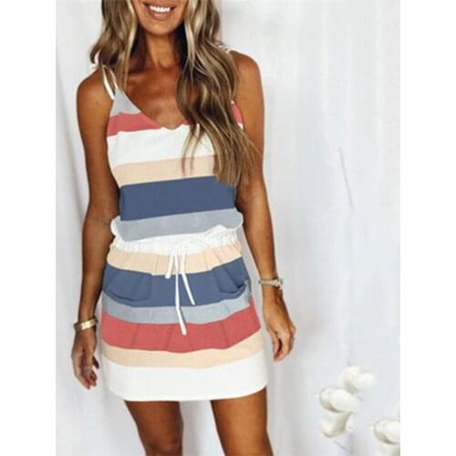 Summer Women Dress Casual Fashion Sleeveless Hedging Stitching Dress Striped Hanging Striped Loose Print Striped Vest Long Skirt