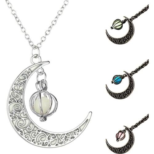 Fashion Women Hollow Moon Pumpkin Pendant Love Bird Cage Luminous Bead Chain Necklace Party Fantasy Jewelry Accessory Gift