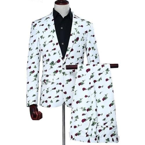 Business Casual suits for men slim fit casual blazer men Rose Flower Print blazer men stage suits with Pants Groom Stage Suits