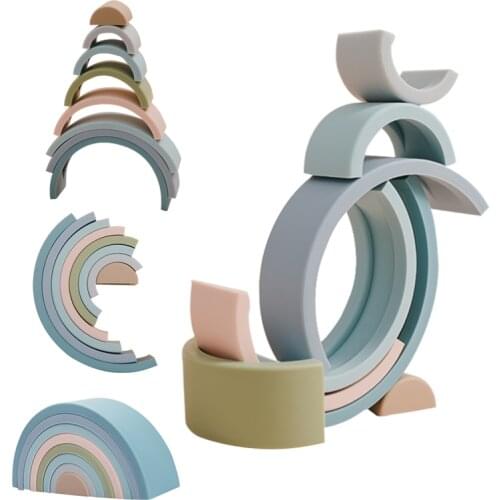 8 Pcs Silicone Rainbow Building Blocks Set DIY Creative Stacking Balance Game Rubber Teethers Montessori Balance Educational Toy