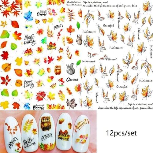 12pcs/set Maple Leaves Nail Stickers 3D Yellow Gold Fall DIY Sliders Nail Art Decoration Autumn Adhesive Manicure Tips Decals