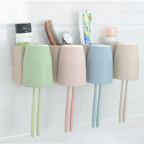 Wheat-straw Wall-mounted Toothbrush Holder Mouthwash Cup Set Punch-free Toothbrush Rack Toothbrush Cup Shelf Shaver Bathroom Hol