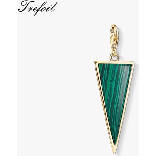 Triangle Green Stone Golden Charm,2019 Fashion Jewelry 925 Sterling Silver Trendy Gift For Women Men Fit Bracelet Necklace