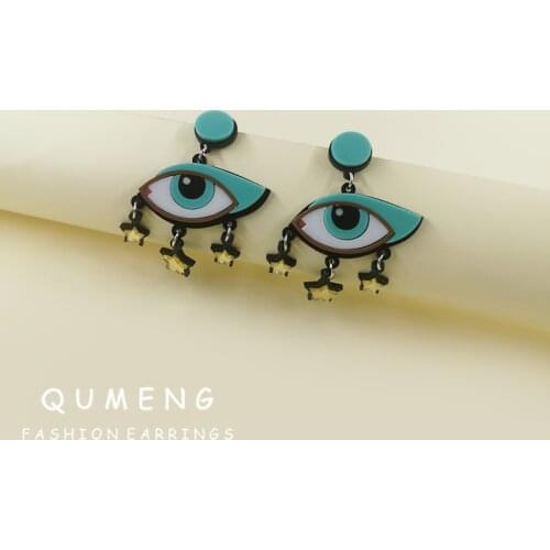 QUMENG 2021 New Hot selling Cool Personalized Star tassel Pendant Blue Evil Eyes Acrylic Earrings Exquisite Gift Trendy Girls
