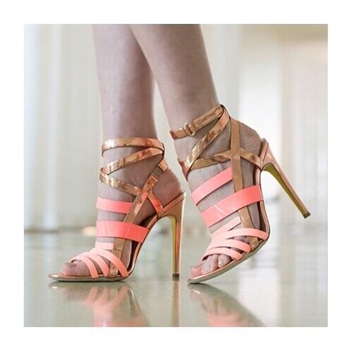 Hot selling contrast color ankle buckle strap crisscross stiletto heel sandals fashion elegant rose red high heel sandals