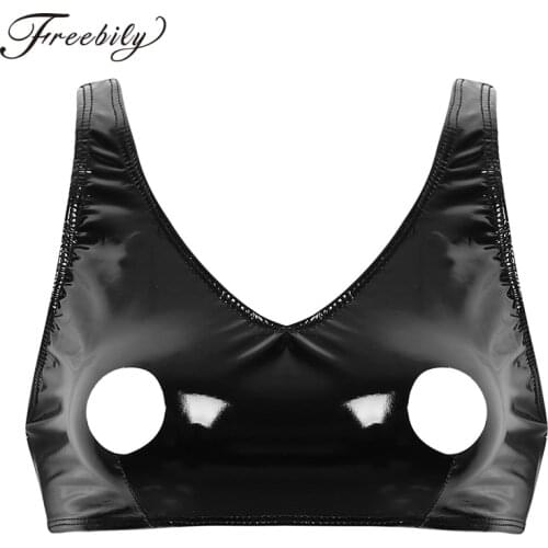 Sexy Womens Wetlook Leather Lingerie Shiny Latex Open Bra Crop Top Nightclub Sexy Open Nipples Hole Zipper Back Sissy Tops Vest