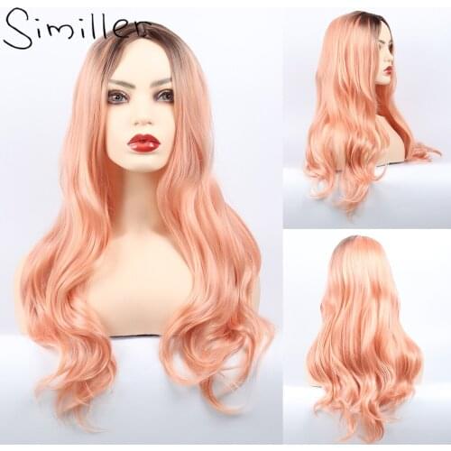 Similler Long Wavy Synthetic Ombre Wigs for Women Cosplay Middle Part High Temperature Fiber Dark Root Light Pink Wig