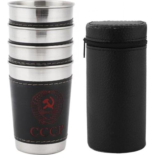 4Pcs 170ml Mini Cups Stackable Stainless Steel Cups Portable Wine Beer Coffee Cup Outdoor Travel Camping Cups with Leather Cover