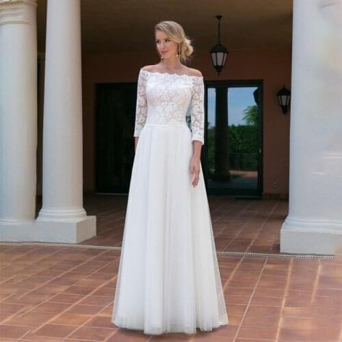 Vintage Bateau Neck Wedding Dresses 3/4 Sleeves Lace Chiffon Beach Bridal Gowns 2021 Vestido De Noiva
