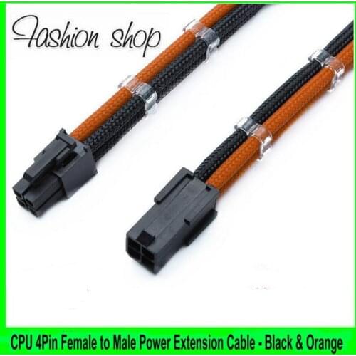 High quality 12" Black & Orange Single Sleeved 4Pin ATX Female to Male Computer Power Extension Cable + 2PCS Clear Cable Comb