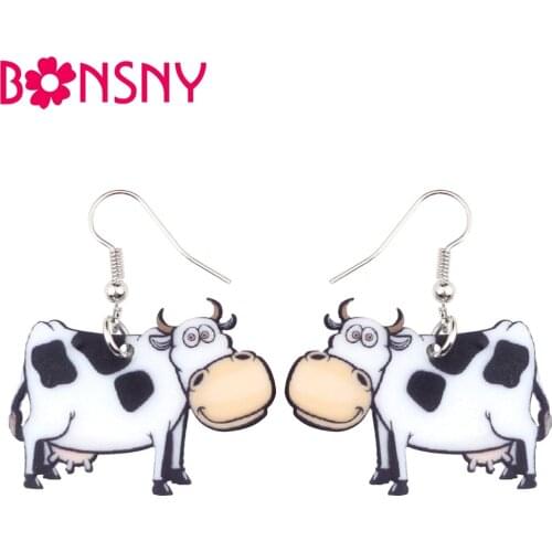 Bonsny Acrylic Cute Cartoon Cow Dairy Cattle Earrings Big Long Dangle Drop Farm Animal Jewelry For Women Girls Ladies Kids Bulk