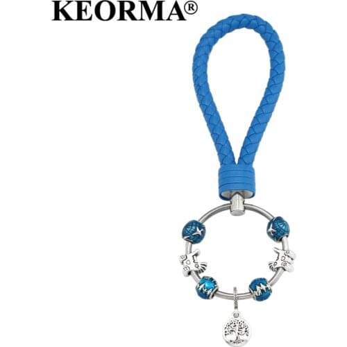 KEORMA Women Men Gifts Key Chain Charm Family Tree Pendant Keychain Blue PU Leather DIY Accessories Keychains YK032