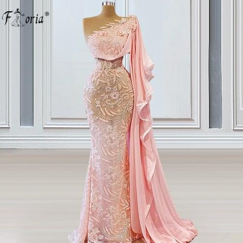 Robes De Soiree One Shoulder Pink Evening Dress Long 2021 Applique Lace Mermaid Prom Dress Formal Party Gown платья знаменитосте