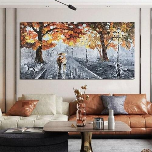 100% Hand Painted Landscape Street Passerby Palette Knife Oil Painting Night Street Lamp Light Abstract Canvas Picture