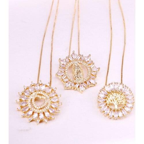 6PCS, Classic Gold Tree / Jesus / Heart Round Pendant for Women Clear CZ Statement Necklace Fashion Jewelry