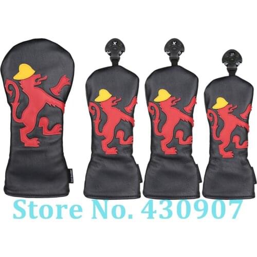 Black PU Leather with Lion Design Golf Club Driver Fairway Wood Hybrid Head Cover Golf #1 #3 #5 Wood Headcover