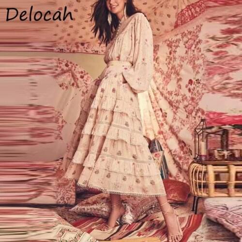 Delocah New 2021 Summer Women Fashion Skirts Set Lantern Sleeve Loose Tops + High Waist Ruffles Floral Print A-Line Skits Suits