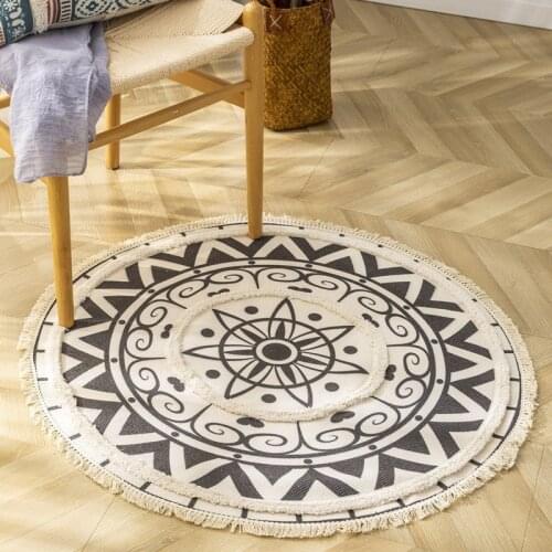 Home Decor Living Room Bedroom Carpet Round Cotton Linen Tassel Rug Yarn-dyed Tapestry Mat