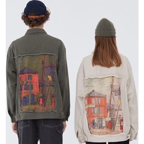 Japan Safari Style Patchwork Retro Denim Jackets Men Cotton House Print Streetwear Hip Hop Casual Jeans Jacket Coat Kpop Clothes