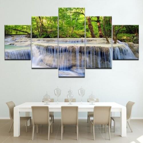Forest waterfall landscape 5 Piece Canvas Wallpapers modern Modular Poster art Canvas painting for Living Room Home Decor