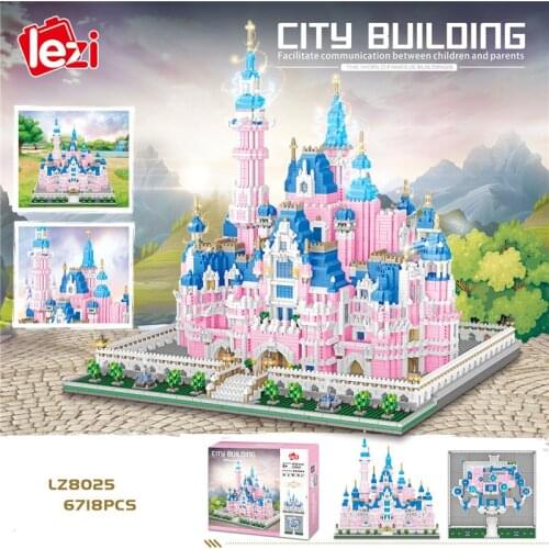 LZ8025 Architecture Amusement Park Pink Princess Castle 3D Model 6718pcs Mini Diamond Blocks Bricks Building Toy for Children