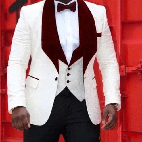 Costume Homme White Floral Smoking Tuxedo Burgundy Velvet Lapel Groom Men Suit Slim Fit Best Man Blazer Wedding Suits For Men