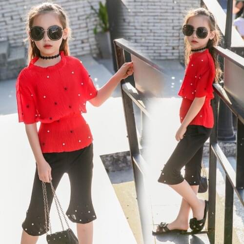 Kids Girls Pink Red Two Pieces Set Teenage Girl Birthday Party Fashion Pearl Chiffon Blouse Leggings 4 6 8 10 12 Years Suits