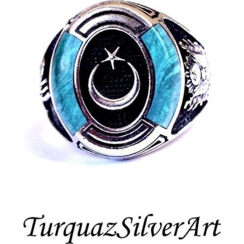 Handmade Oval Turqoiuse Stone ring, Crescent Man turquoise ring, Turquoise Ring, Silver Handmade Ring