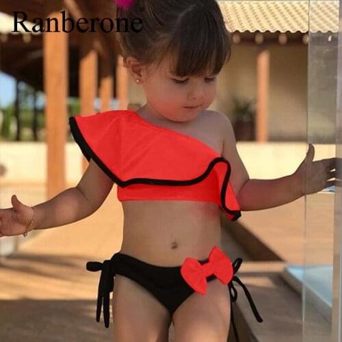 Ranberone 2020 Children Swimsuit New Baby Grils Solid Print Ruffles Bow Swimwear Swimsuit Bikini Outfits Swimsuit Girl Summer