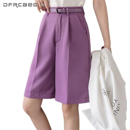 Free Belt Womens Knee Length Wide Leg Summer Shorts 2020 High Waist Loose Office Suit Wear Bermuda Shorts Feminino Purple White