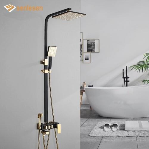 Senlesen Shower Faucet Black Golden 4-ways Bathroom System Rainfall Shower Brass Mixer Water With High Pressure Spray Gun