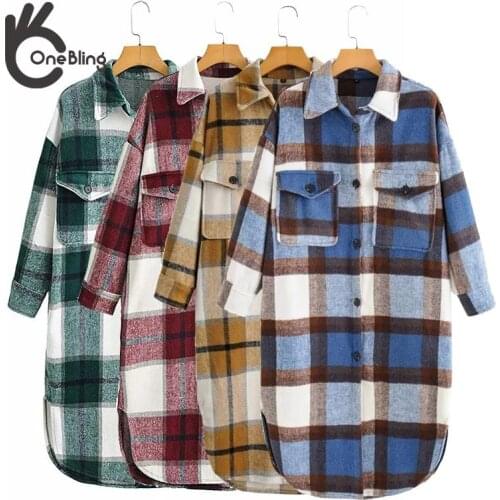 OneBling Za Woman 2021 Green Blue Red Check Long Loose Shirt Autumn Winter Drop Shoulder Single Breasted Plaid Jacket Coat
