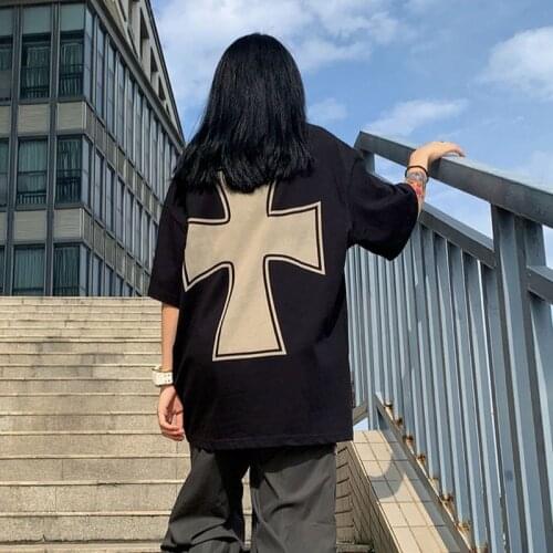 Hip Hop Women Cross Print T-Shirt Loose Summer Oversize Female Tops Tees Funny Japan Harajuku High Street Punk Couple T Shirt