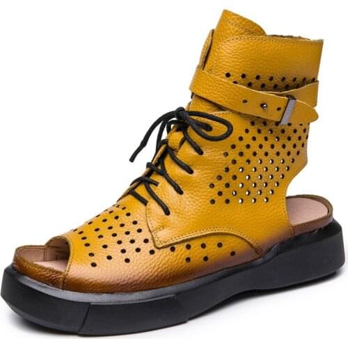 2020 Fashion Ladies Sandals Openwork Flat Gladiator Sandals Women Platform Sandals Open Toe Genuine Leather Summer Cool Boots