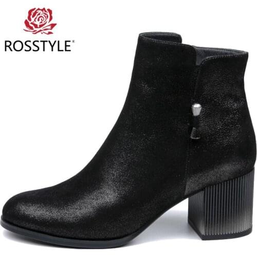 ROSSTYLE Square High Heels Boots for Woman Winter Fashion Zip Black Womens Boots Genuine Leather Ankle Boots Max Size 35-41 B7
