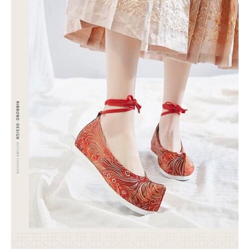Chinese Brocade Bow shoes warped head plus wool style inside heighten flat cloth shoes ancient style womens Hanfu shoes
