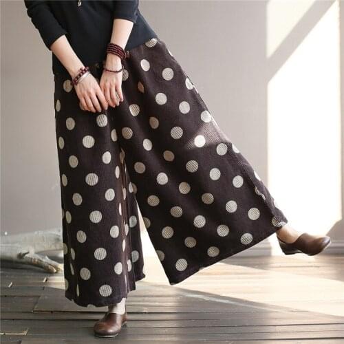 Fairy Natural Women Corduroy Wide Leg Pants Retro Elastic Waist 2021 Spring Autumn Printed Dot Casual Soft Female Loose Trouser