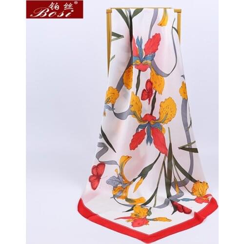 2020 Fashion Silk Satin Scarf Women Flowers print Shawl hijab Spring Elegant 90*90cm Square Navy blue red Scarves free shipping