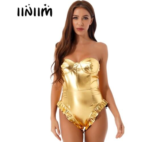 Womens Shiny Clubwear Faux Leather Bodysuit Off Shoulder Strapless Leotard Stage Show Costume Glossy Zipper Ruffled Jumpsuits